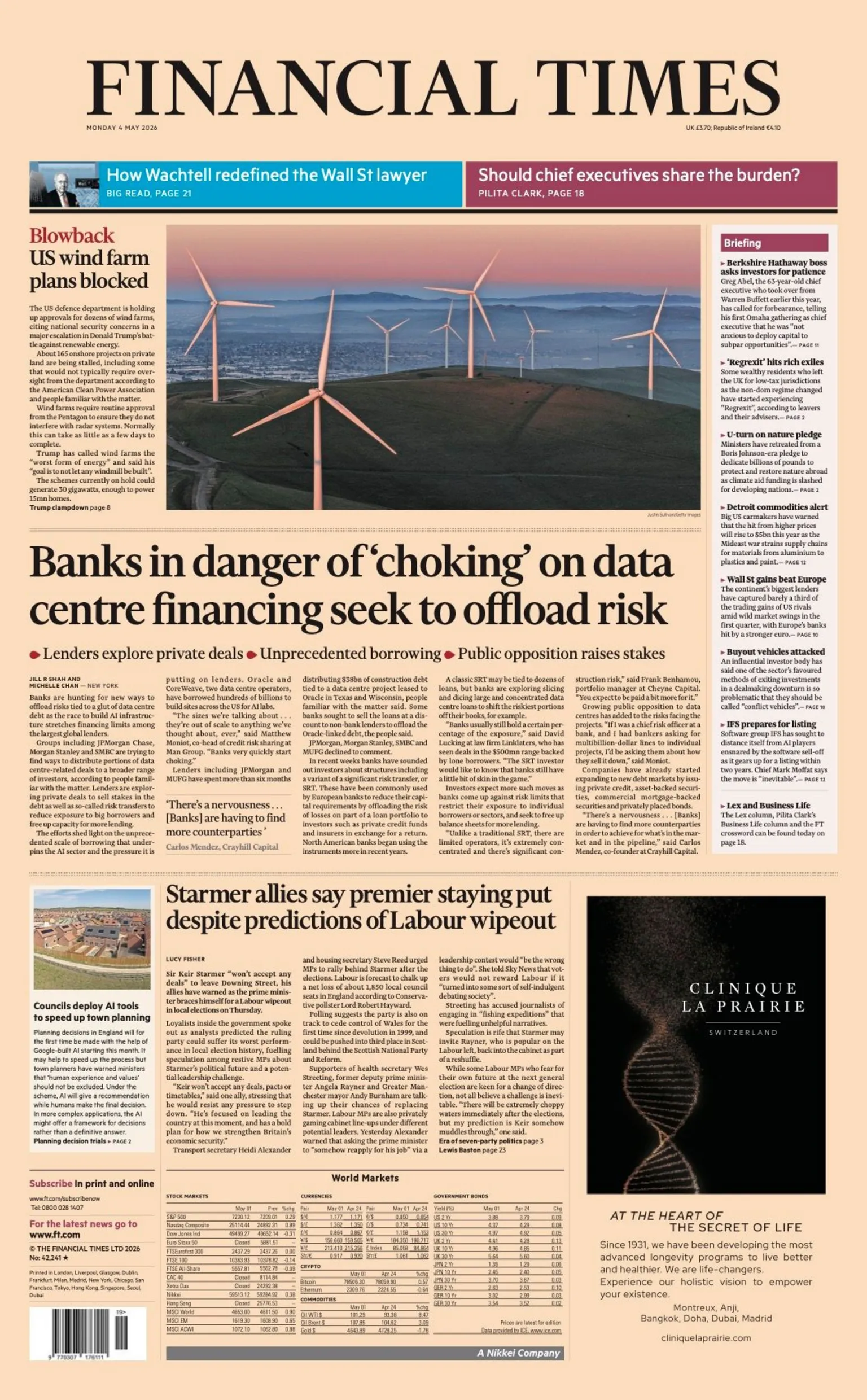 The headline on the front page of the Financial Times reads: 