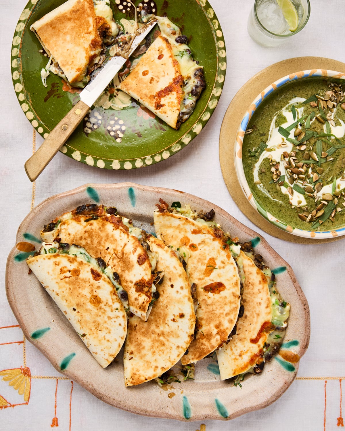Thomasina Miers’ black bean quesadilla with spring herbs, feta and a charred jalapeno oil