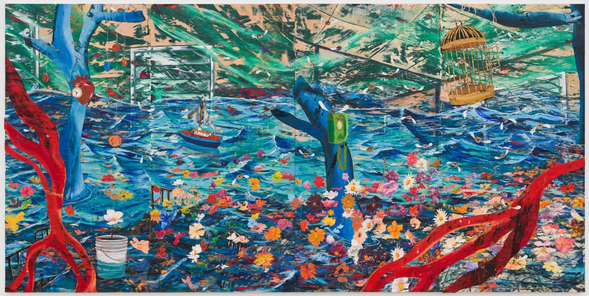 Angel Otero, The Room that Learned to Breathe, 2026 (oil paint and fabric collaged on canvas, 241.5 x 483.5 x 4 cm).