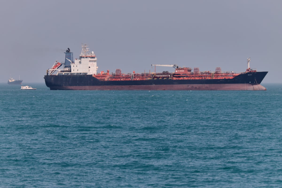 An oil tanker sits at anchor in the strait of Hormuz off Bandar Abbas, Iran, on 2 May 2026.