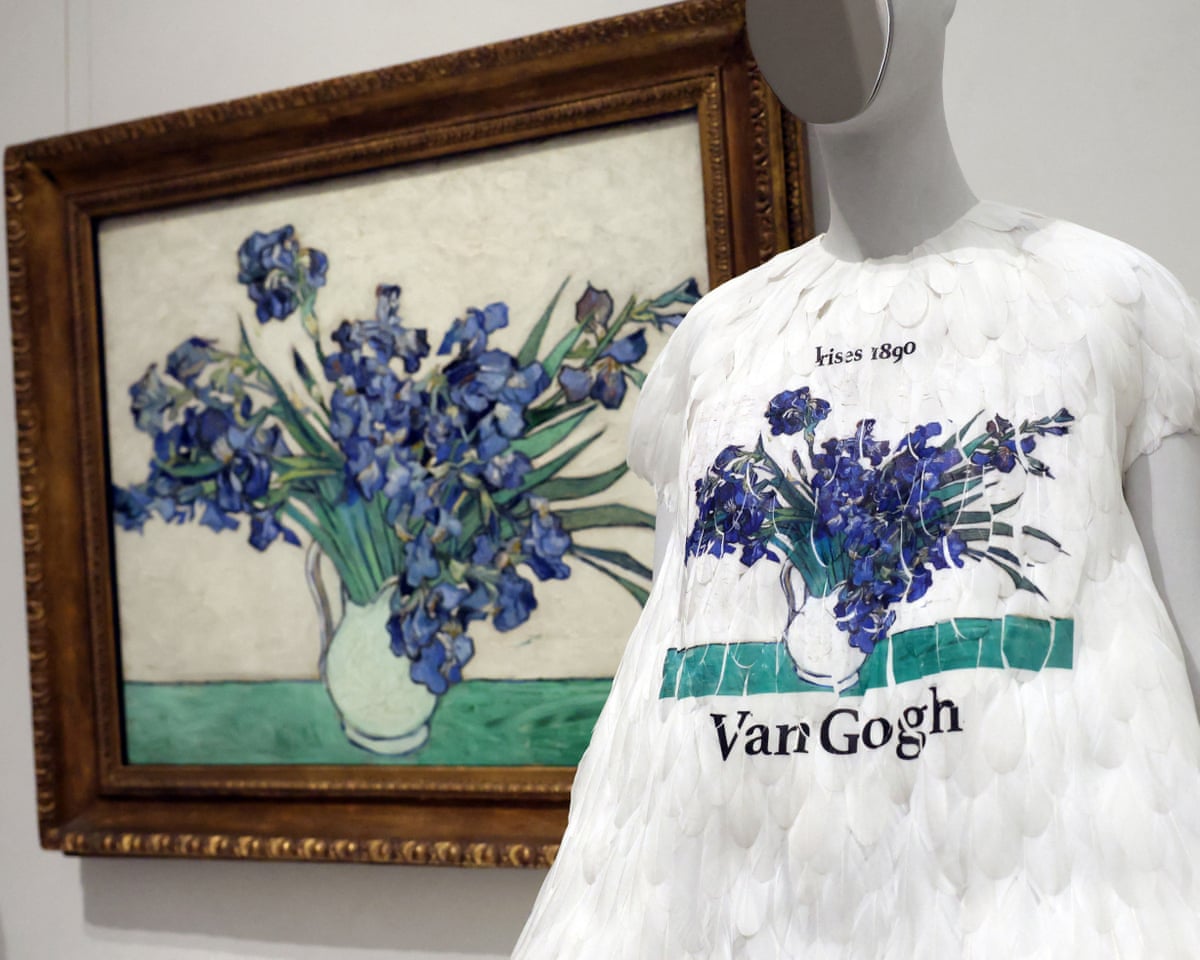 an Yves Saint Laurent 1988 silk organza jacket decorated with Iirises paired with Van Gogh’s Irises