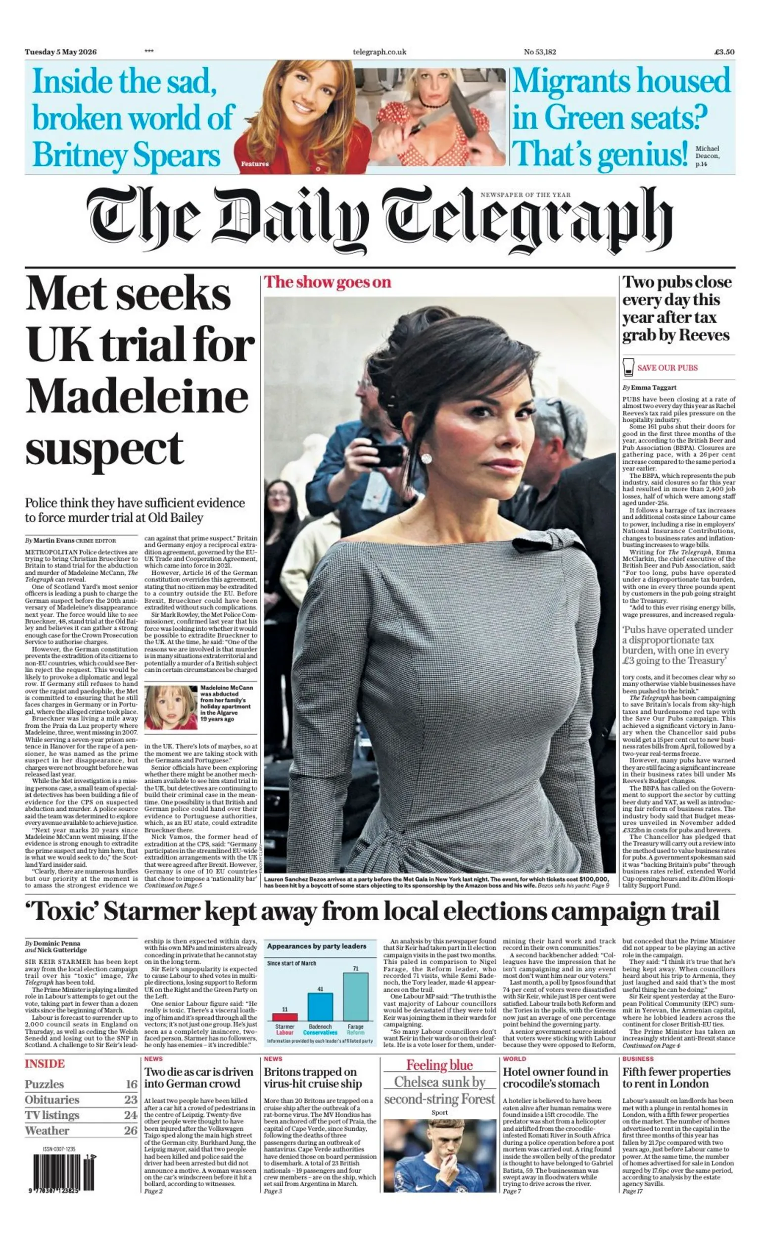The headline on the front page of the Daily Telegraph reads: “Met seeks UK trial for Madeleine suspect”.