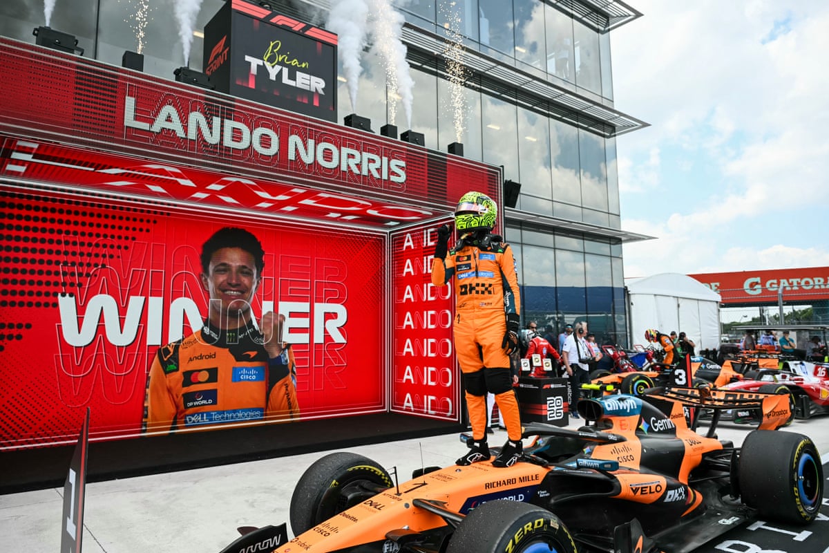 Lando Norris celebrates after winning the 2026 Miami Formula One Sprint