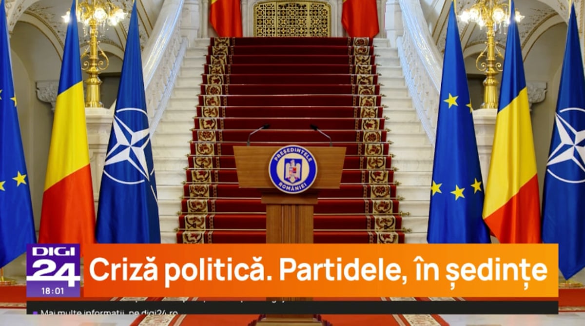 Podium awaiting for the Romanian president, Nicusor Dan, as he is expected to speak amid political crisis in Romania; as shown on Digi24.ro