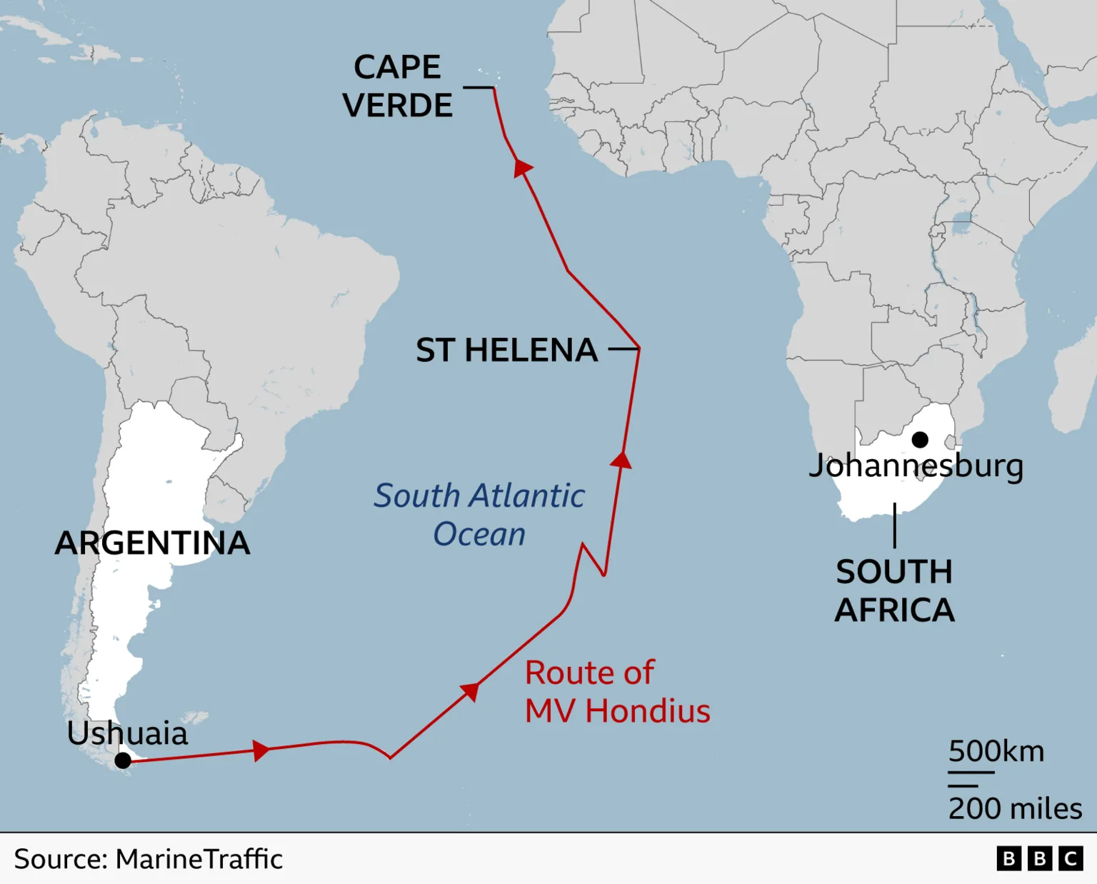 A map showing the route of the cruise ship from Ushuaia, Argentina, across the South Atlantic Ocean to Cape Verde.