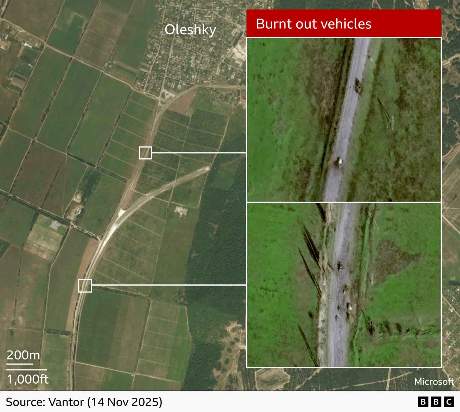Satellite footage of the road that is dubbed 