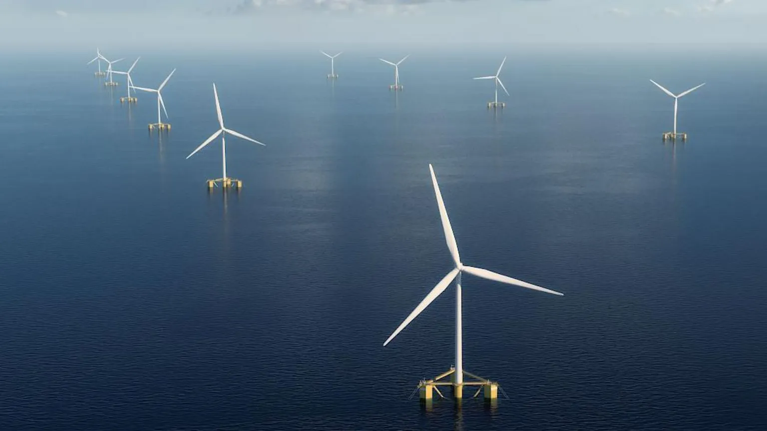 Cerulean Winds An illustration of wind farms on the Aspen site in the North Sea. The turbines are installed on floating platforms. The sea is a dark blue under a light blue sky.
