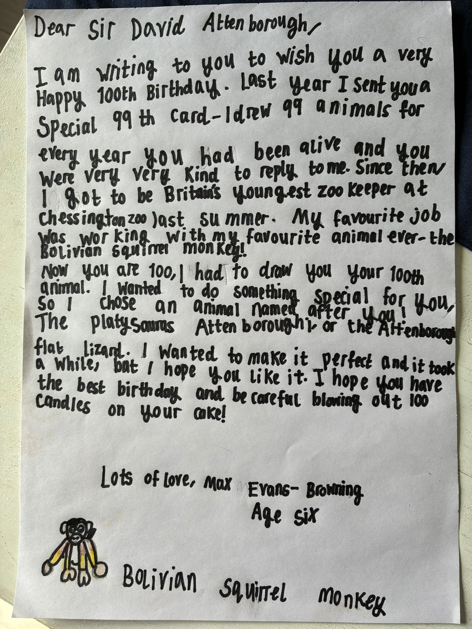 Samantha Evans-Browning A hand written letter from Max to Attenborough wishing him a happy birthday. 