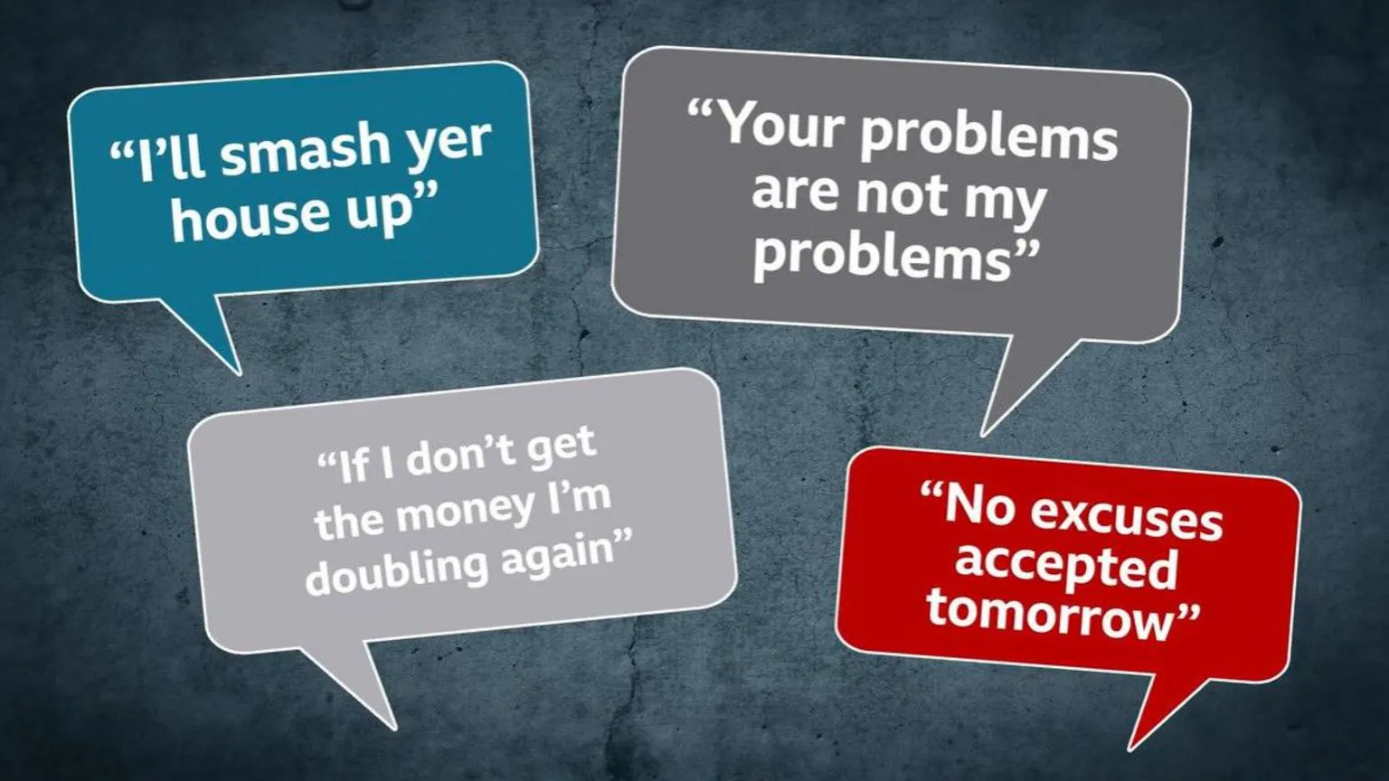 A graphic showing the thrust of several threats sent to Sarah and a friend. One says “I'll smash yer house up” and another simply reads “If I don’t get the money I’m doubling it again”