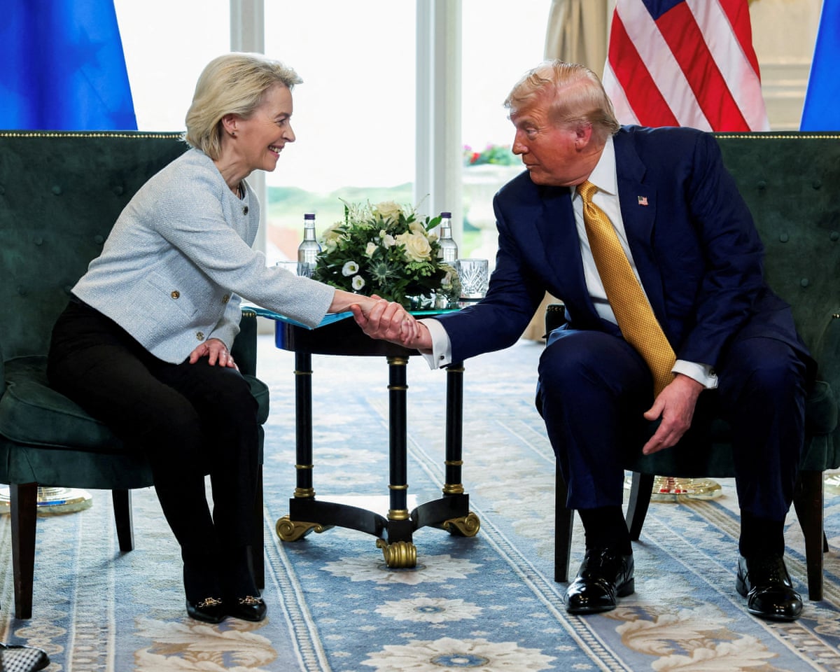 US president Donald Trump shakes hands with European Commission president Ursula von der Leyen, in Turnberry, Scotland in July last year.