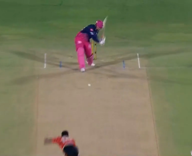 Vaibhav Sooryavanshi's bat comes into a more conventional line as he makes contact
