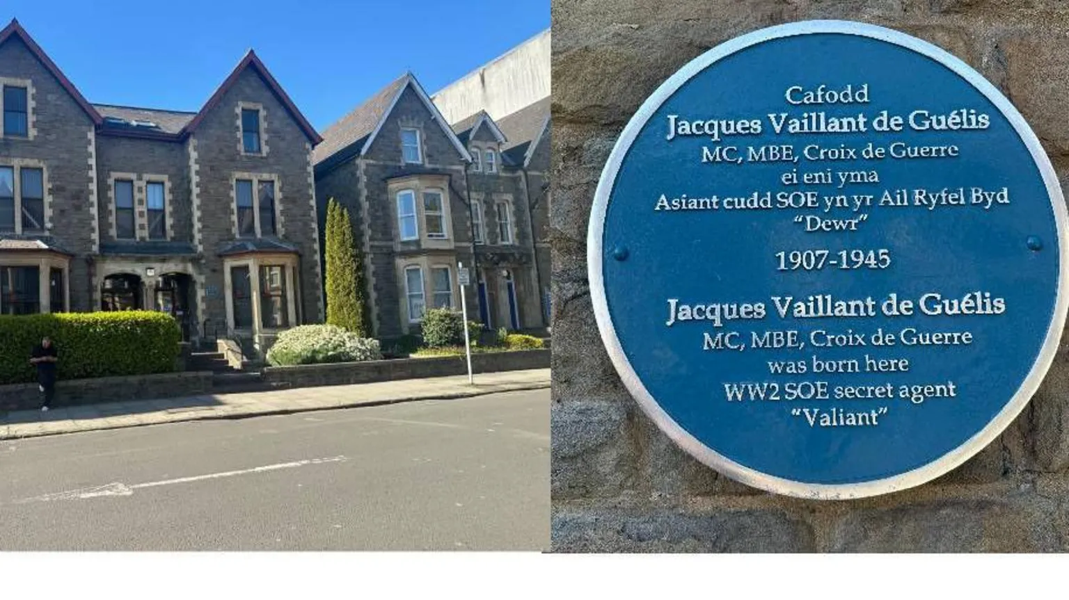 BBC Wales Side by side: to the left is a large three storey stone house in Museum Place, Cardiff, in which Jacques Vaillant de Guélis was born. To the right is a close-up of the circular Blue Plaque with a silver edge, on the same house. It commemorates his life and achievements.