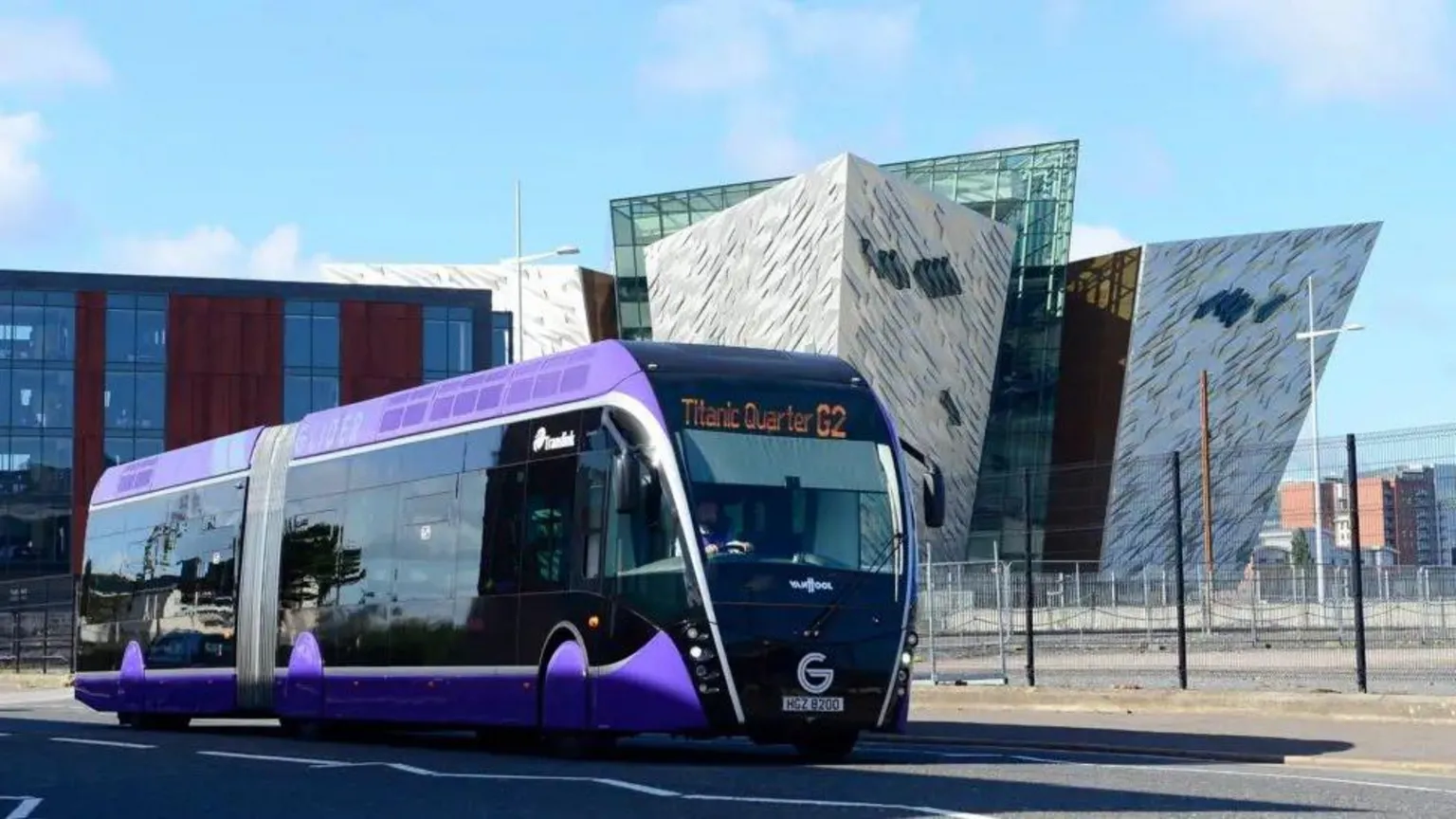 Pacemaker A purple Glider vehicle pictured in front of the Titanic Belfast visitor attraction in the east of the city