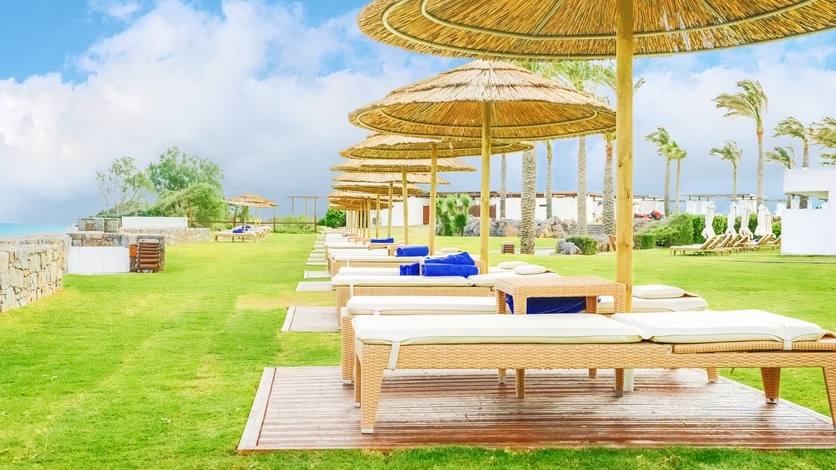 Row of sunloungers on grass underneath grass umbrellas