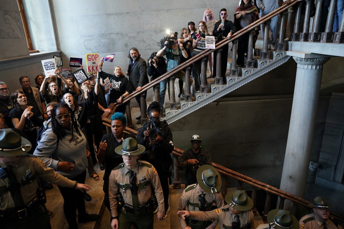 Protest against redistricting efforts in TennesseeDemonstrators protest inside the Tennessee state Capitol on 7 May 2026.