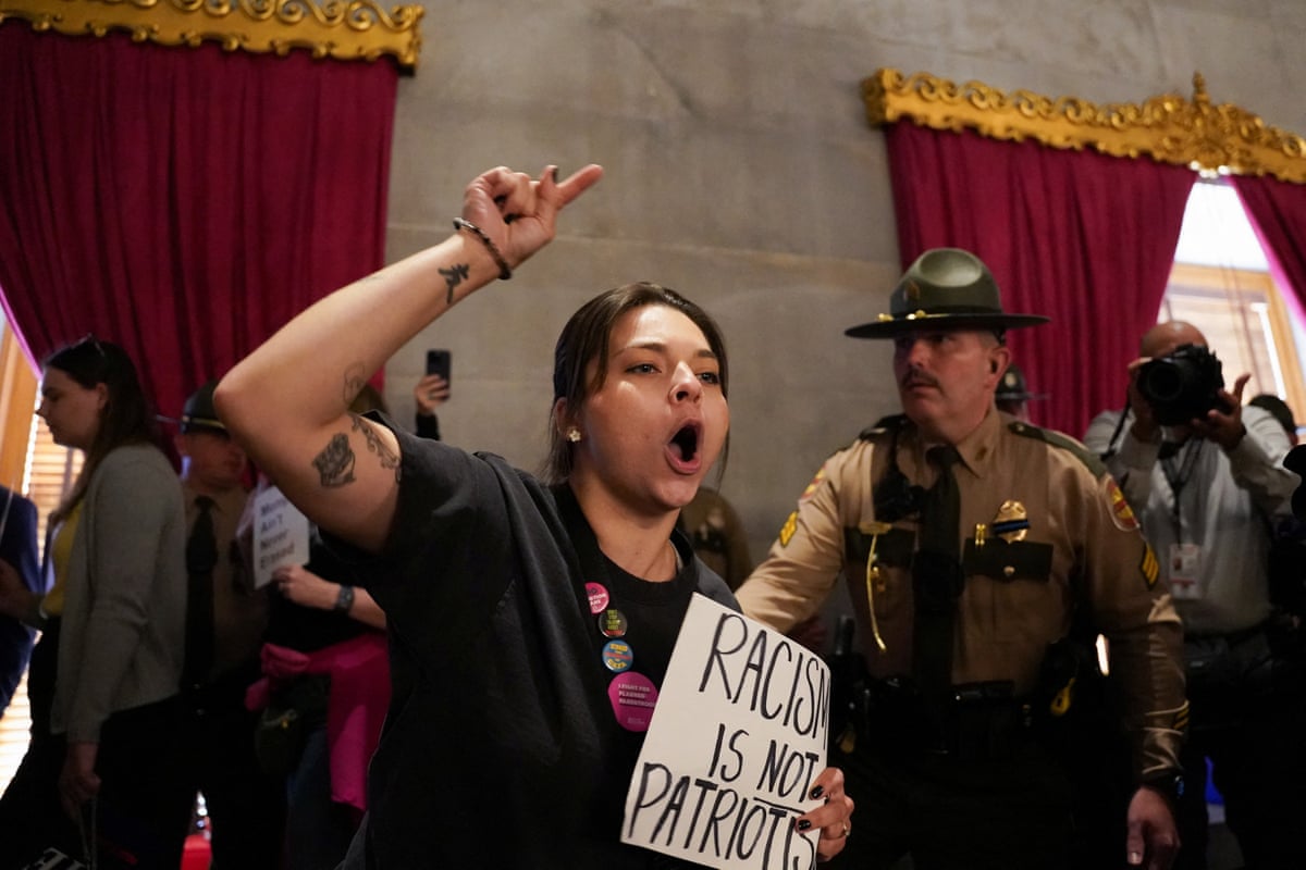 Demonstrators protest inside the Tennessee state Capitol on the final day of the special session in Nashville, Tennessee, on 7 May 2026.