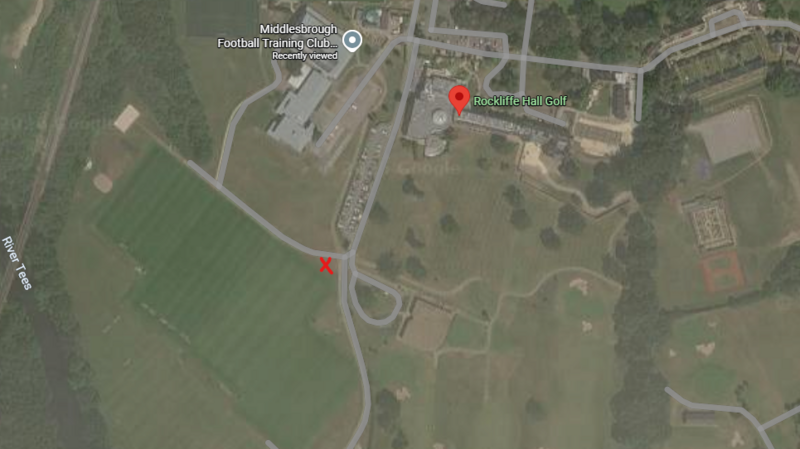 A Google Maps view showing Middlesbrough's training ground, the location of the golf club and the training pitches 