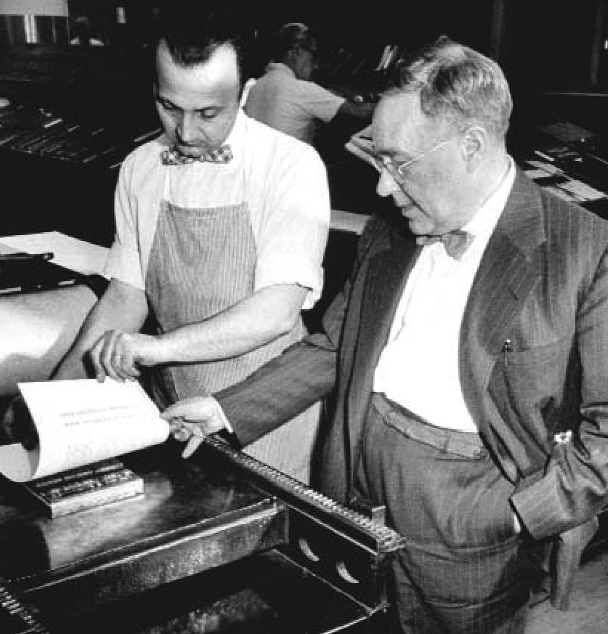 Eugene Rabinowitch (right), who edited the Bulletin of the Atomic Scientists, set the time of the Doomsday Clock for three decades. He is pictured here in 1954.