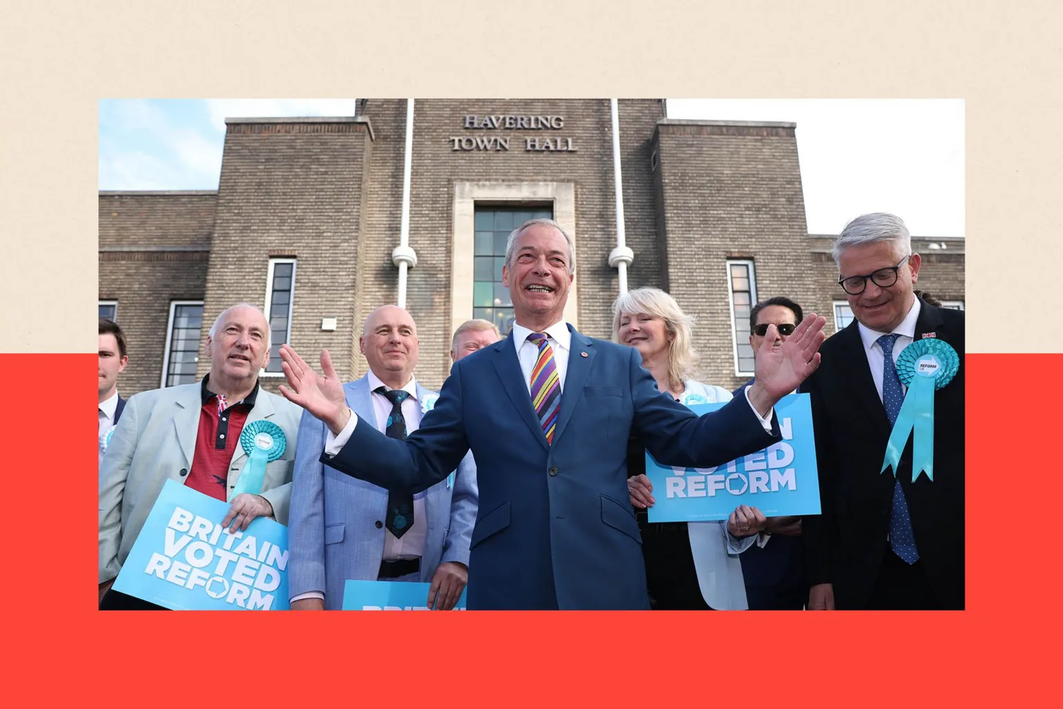  Reform UK leader Nigel Farage poses with winning councillors outside Havering Town Hall following the 2026 local election 