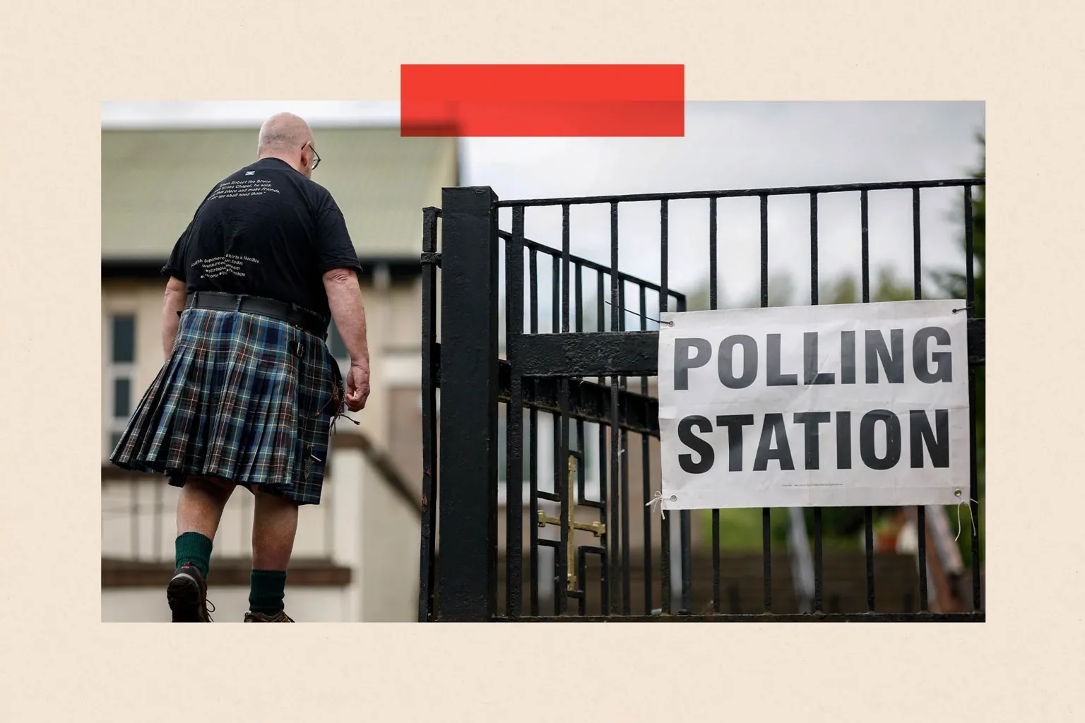  A voter wearing a kilt walks into a polling station in West Dunbartonshire 