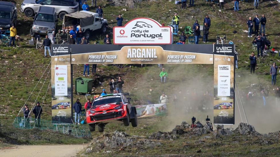 Elfyn Evans on stage seven of the 2026 Rally de Portugal after passing through stage banner