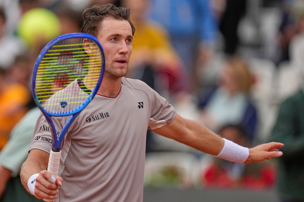 Casper Ruud reacts after beating Czech Republic’s Jiri Lehecka 6-3, 6-4