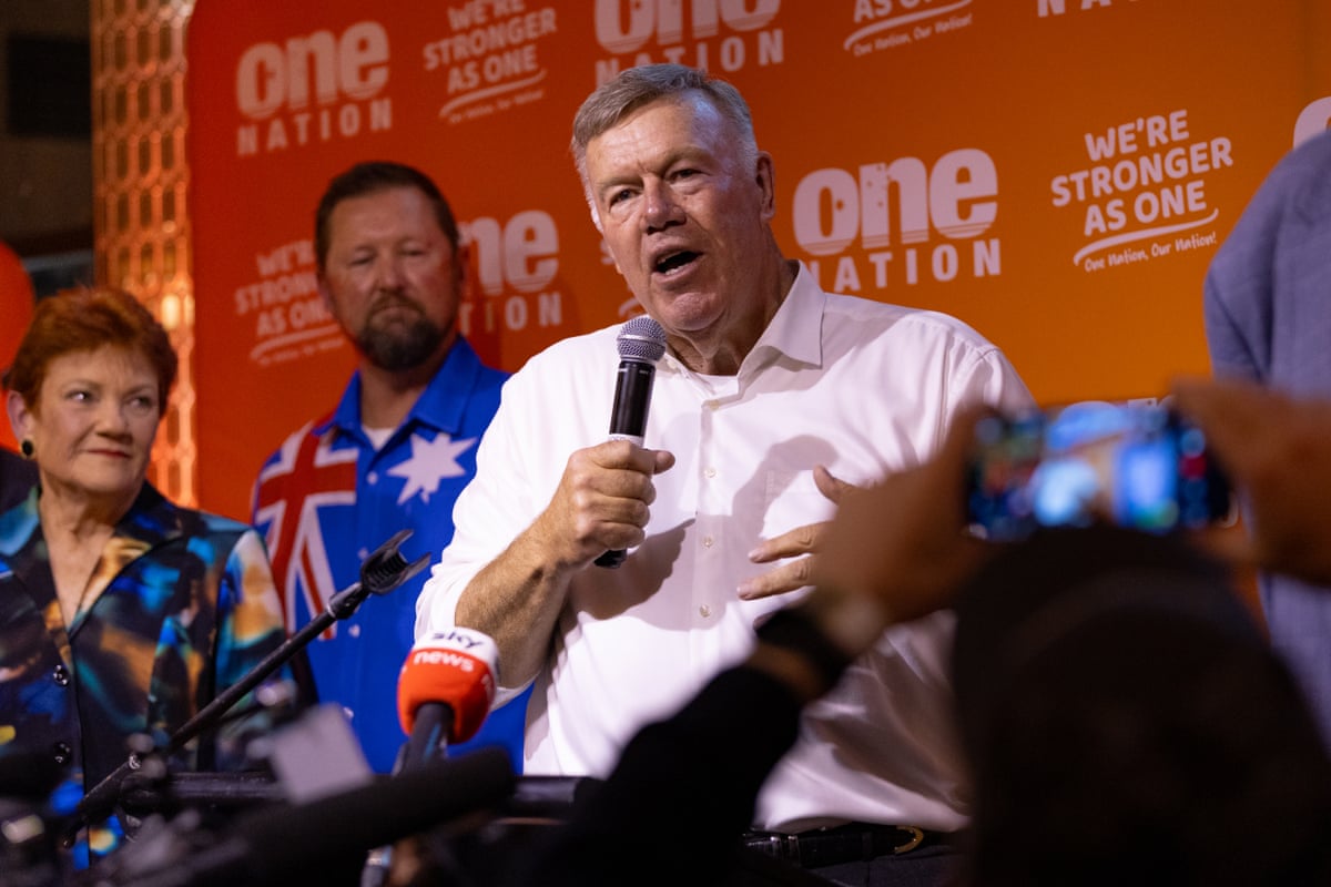 Victorious One Nation candidate, David Farley, address supporters as his party wins the Farrer byelection on 9 May 2026 in Albury.