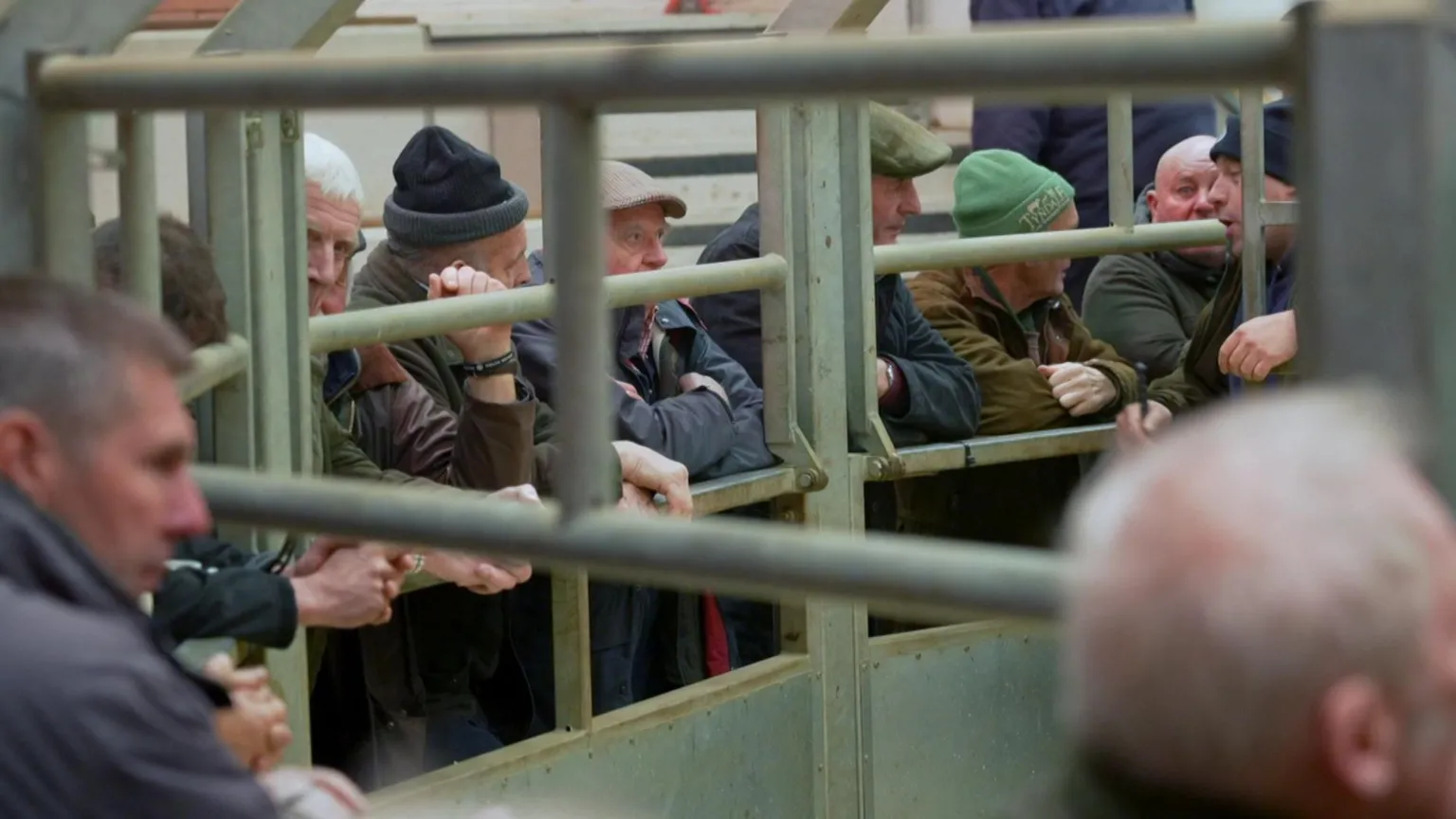 Men in coats and flat caps are leaning on a metal gate.