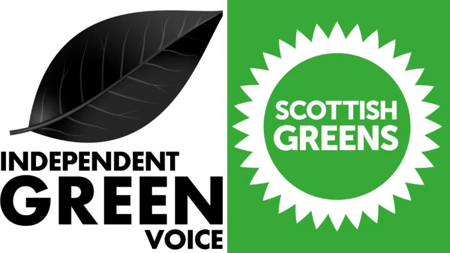 The logos for Independent Green Voice and the Scottish Greens. The IGV logo is a black leaf, while the Scottish Greens one is the name of the party surrounded by a white jaggy border. 