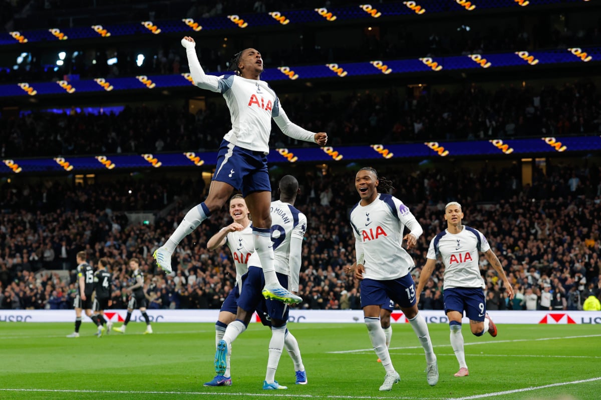 Tottenham Hotspur’s Mathys Tel celebrates scoring.