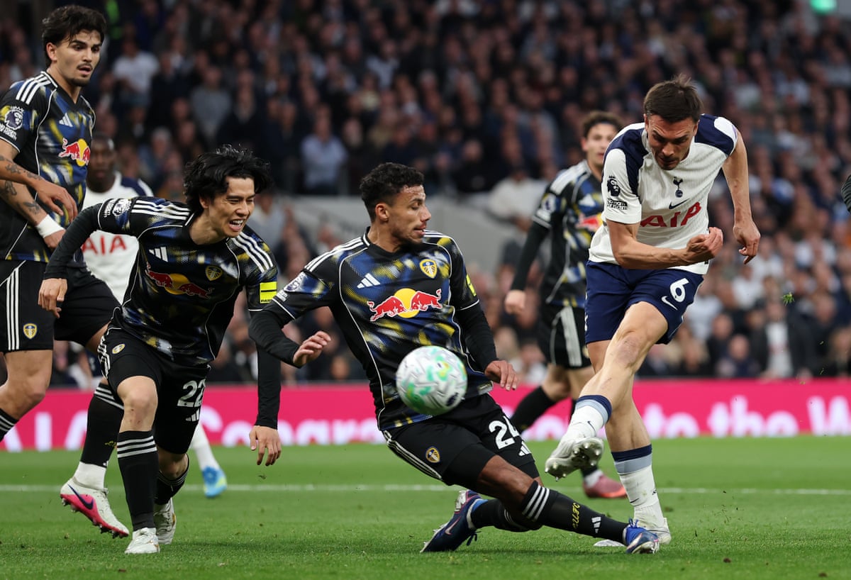 Joao Palhinha of Tottenham Hotspur shoots but misses.