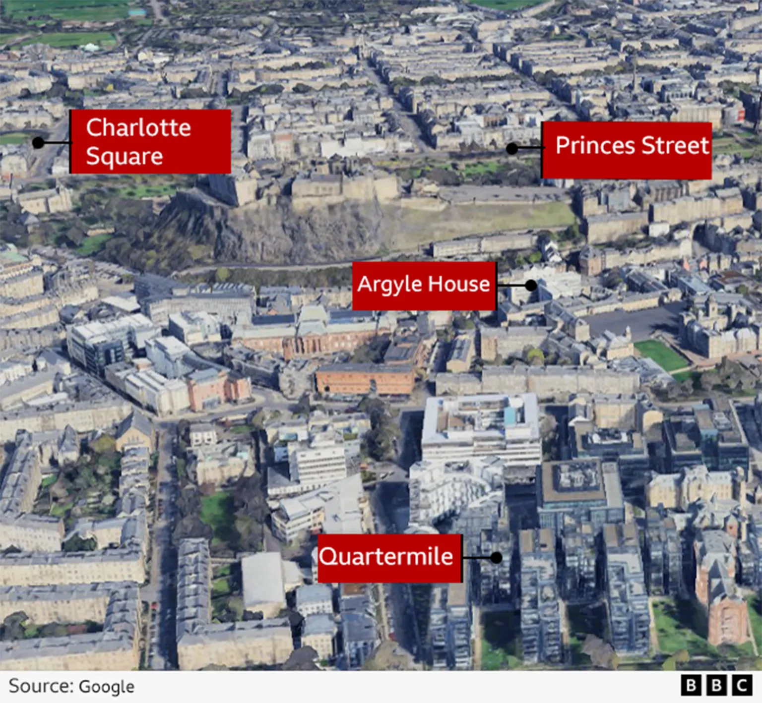 An image of Edinburgh city centre taken from the air which shows a number of areas where noteworthy properties were registered to an overseas address. 