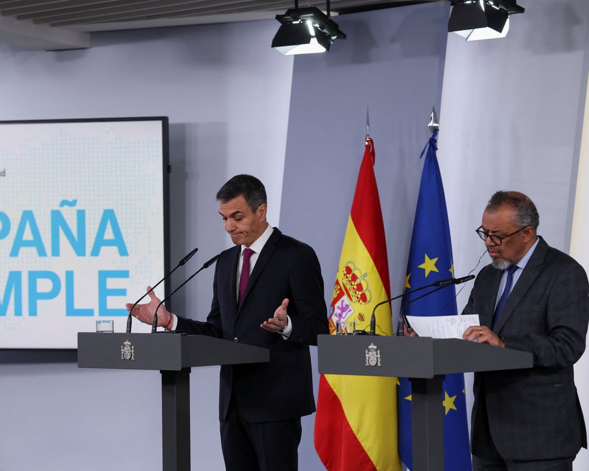 Spain's prime minister Pedro Sánchez and World Health Organization (WHO) Director-General Tedros Adhanom Ghebreyesus hold a joint press conference at Moncloa Palace, in Madrid, Spain.