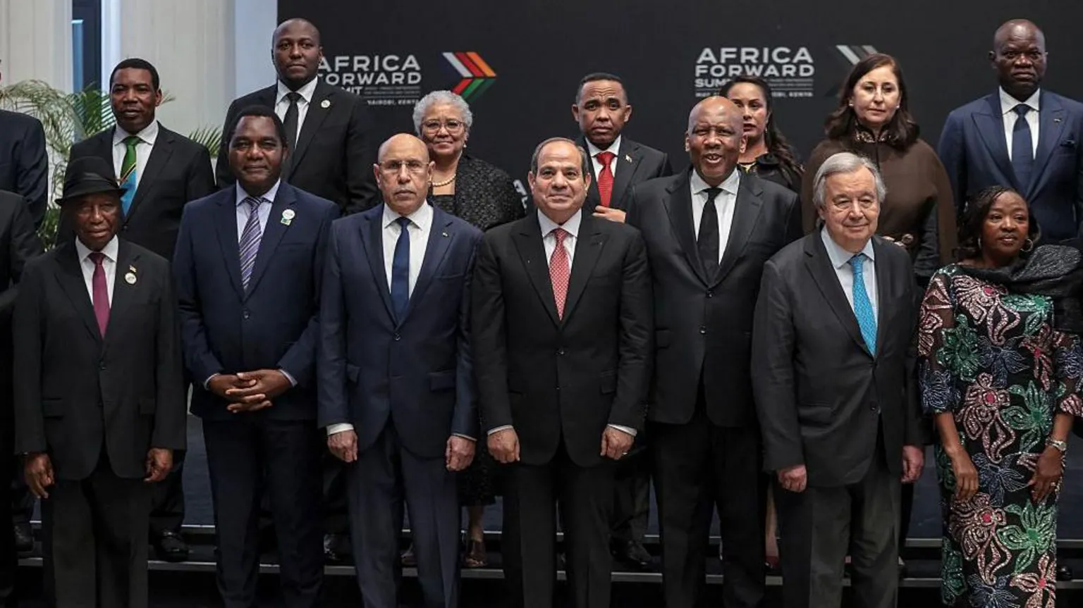 AFP via Liberia's President Joseph Boakai, Zambia's President Hakainde Hichilema, Eswatini's Prime Minister Russell Dlamini, Mauritania's President Mohamed Ould Ghazouani, Egypt's President Abdel Fattah El-Sisi, UN Secretary General Antonio Guterres, Tunisia's Prime Minister Sarra Zaafrani, and Gabon's President Brice Oligui Nguema prepare to pose for a photo