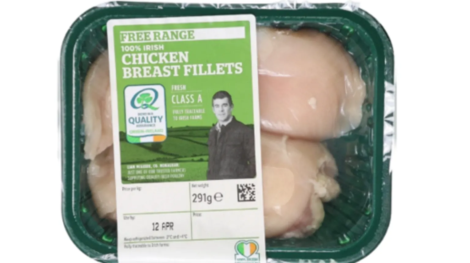 Food Safety Authority of Ireland A plastic wrapped container of chicken breast fillets. The pack has an Irish tricolour on the front along with a picture of a farmer.