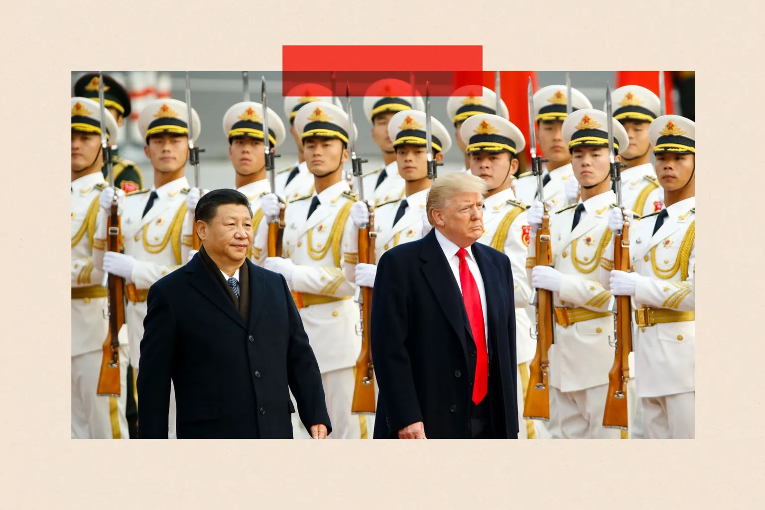 Xi Jinping and Donald Trump walk past Chinese troops dressed in white and holding guns. Xi and Trump both wear dark suits.
