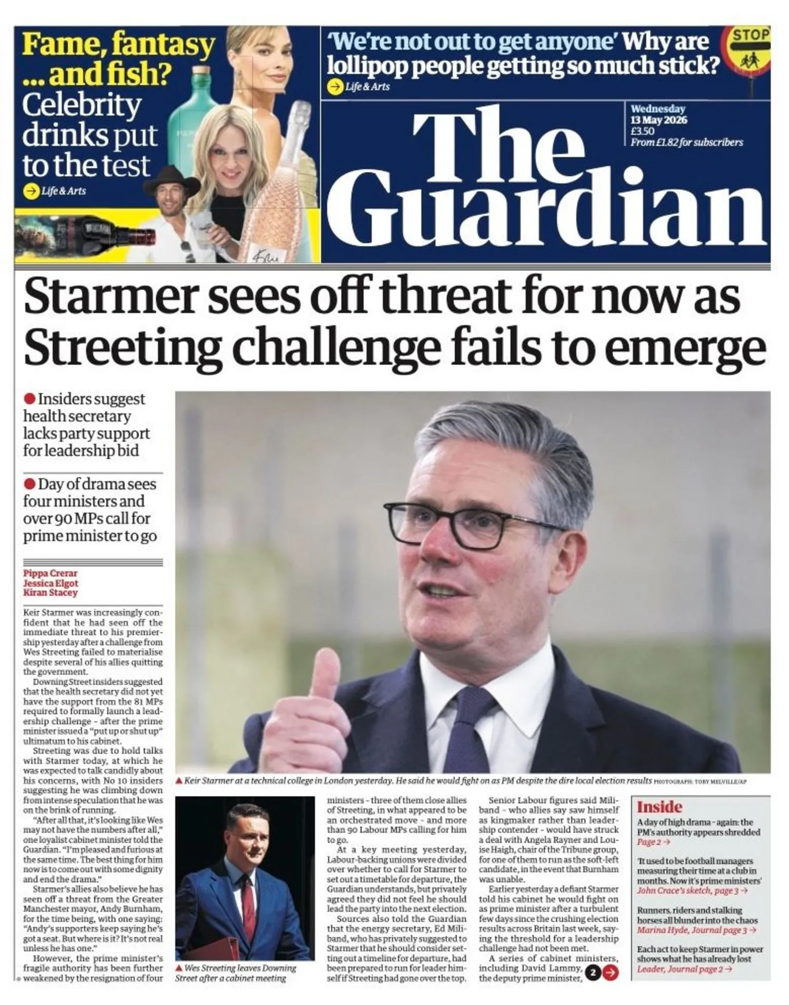 The headline on the front page of reads: “Starmer sees off threat for now as Streeting challenge fails to emerge”.