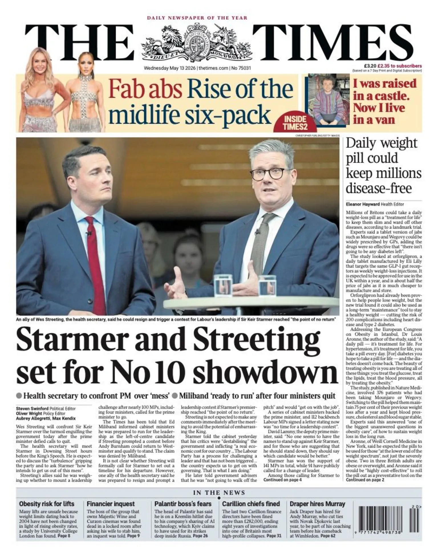 The headline on the front page of the Times reads: “Starmer and Streeting set for No 10 showdown”. 