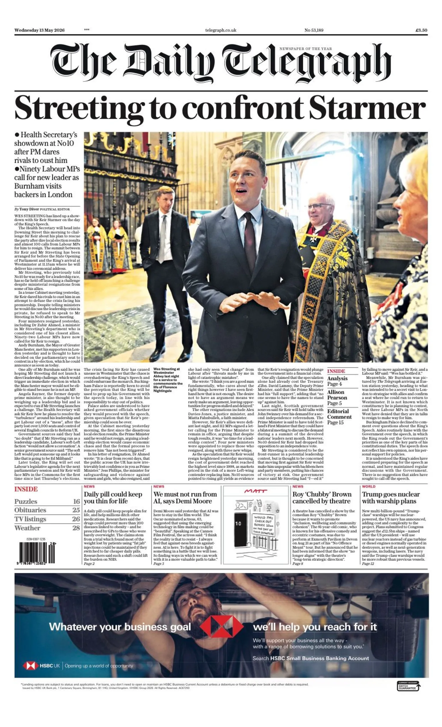 The headline on the front page of the Daily Telegraph reads: “Streeting to confront Starmer”.