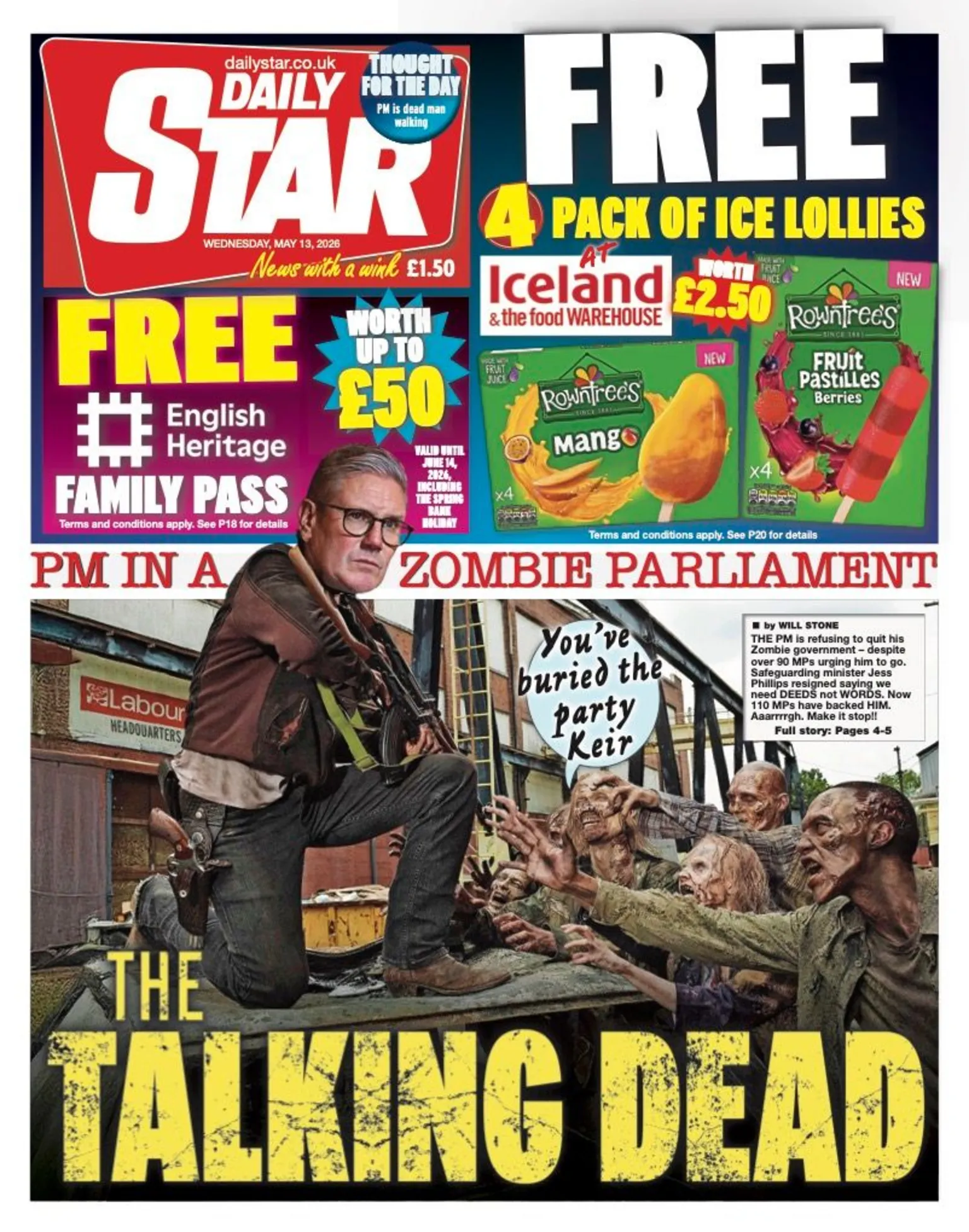 The headline on the front page of the Daily Star reads: “The talking dead