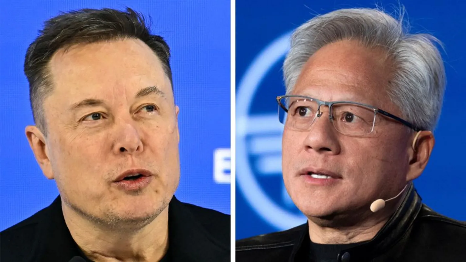 AFP/ On the left of a split picture Elon Musk wears a black tshirt and speaks in front of a blue background, on the right, Jensen Huang also wears a black tshirt and speaks in front of a blue background.