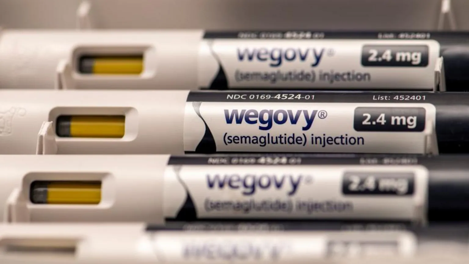 Injectable pens lined up containing weight-loss medicine Wegovy, which is described on the label as semaglutide injection