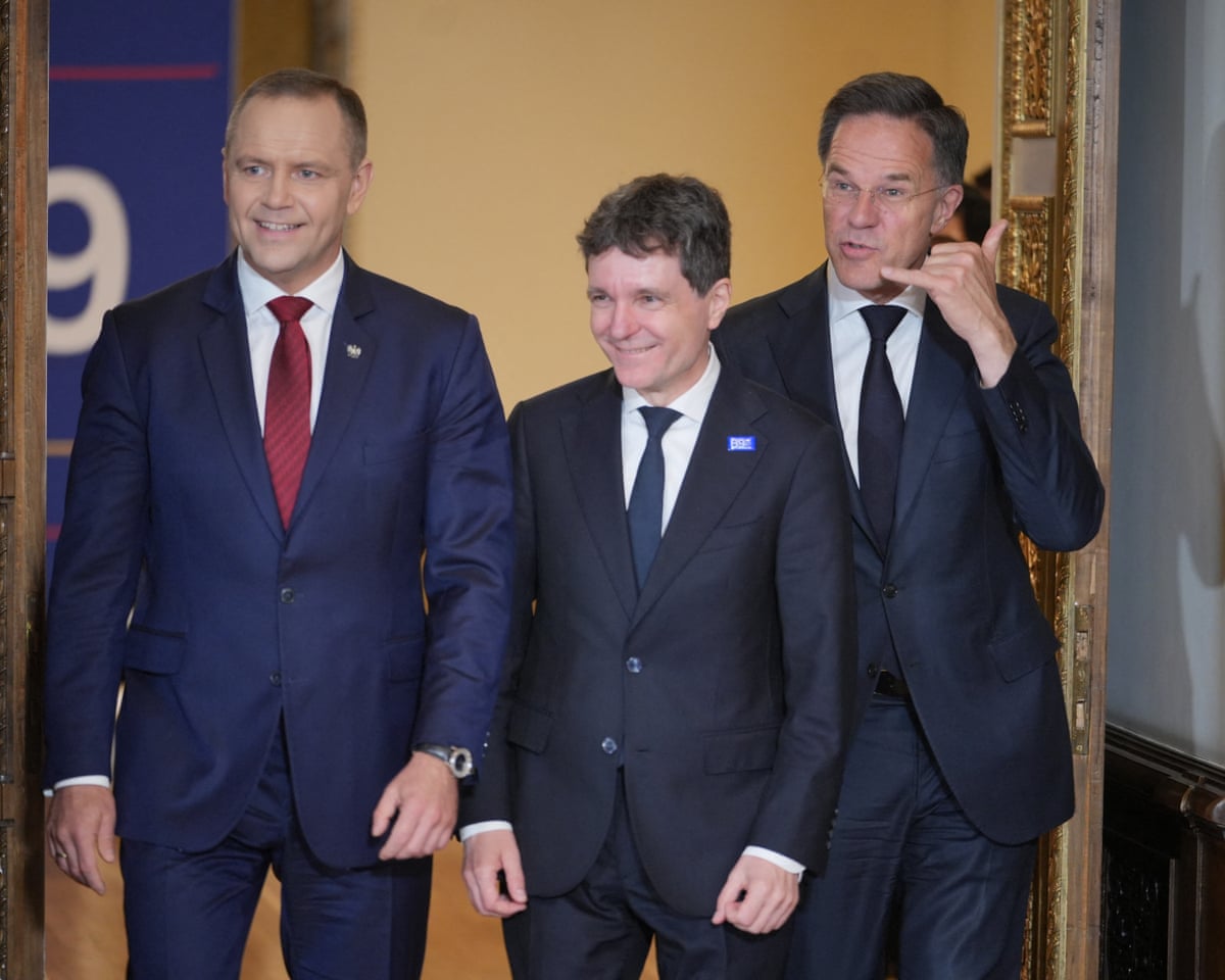Poland’s president Karol Nawrocki, Romania’s President Nicusor Dan and Nato secretary general Mark Rutte arrive for a press conference during the summit of the Bucharest Nine (B9) and the Nordic countries at the Cotroceni Palace in Bucharest, Romania.