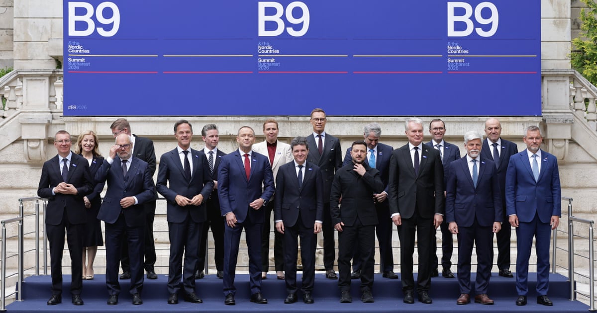 Leaders of the B9 and Nordic countries as well as Ukraine’s Volodymyr Zelenskyy and Nato’s Mark Rutte pose for a family photo at the Bucharest Summit of B9 in Bucharest, Romania.