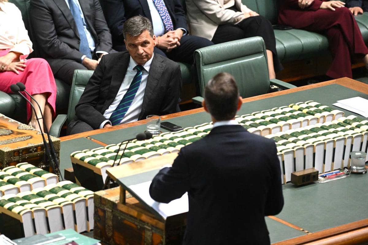 Angus Taylor listens to Australian treasurer Jim Chalmers