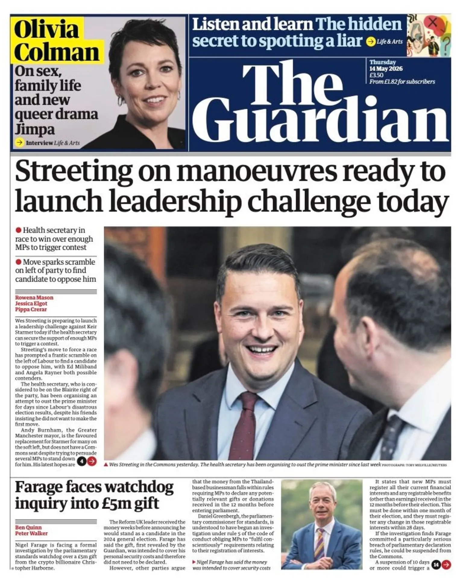 The headline on the front page of reads: “Streeting on manoeuvres ready to launch leadership challenge today”.