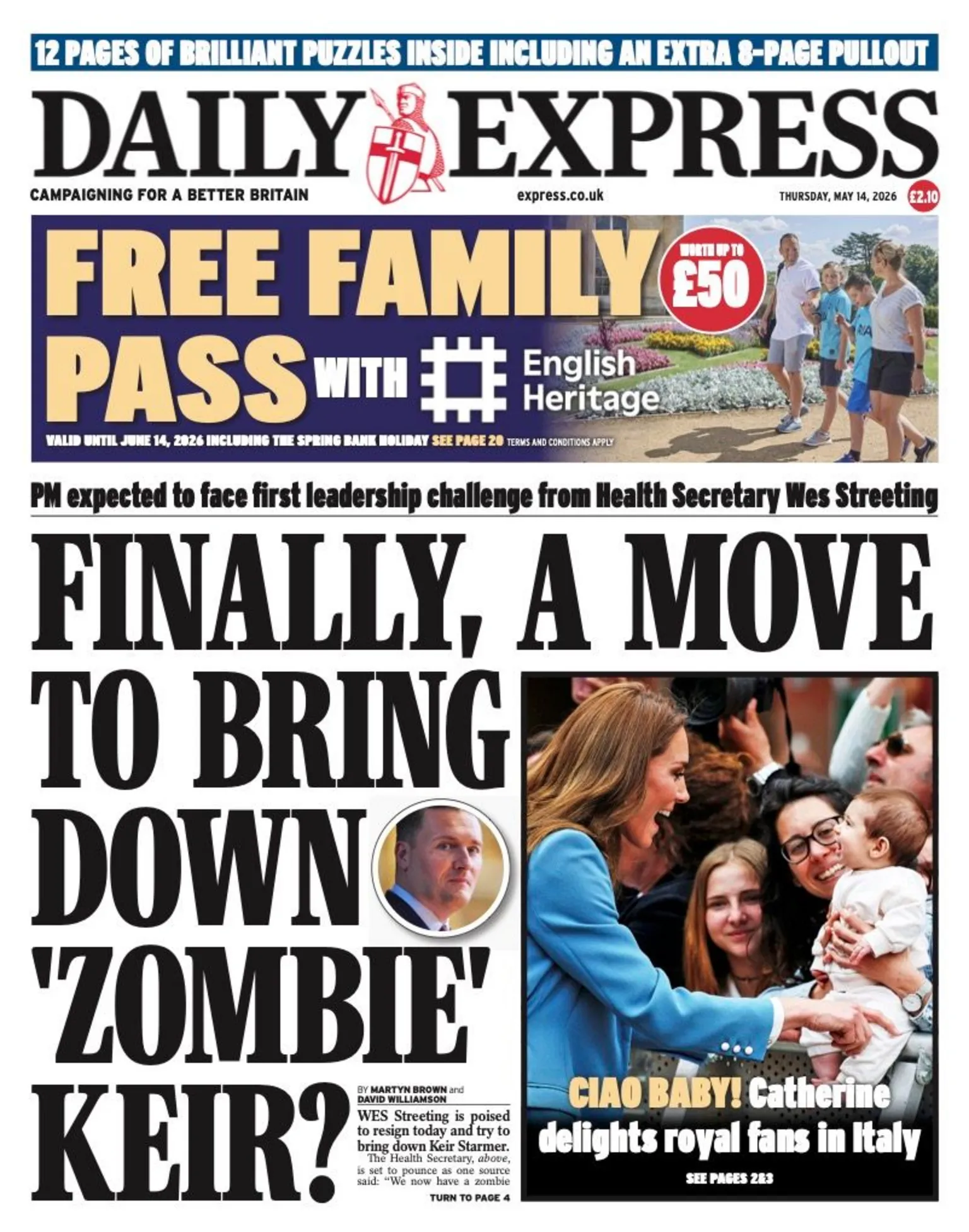 The headline on the front page of the Express reads: “Finally, a move to bring down 'Zombie' Keir?”.