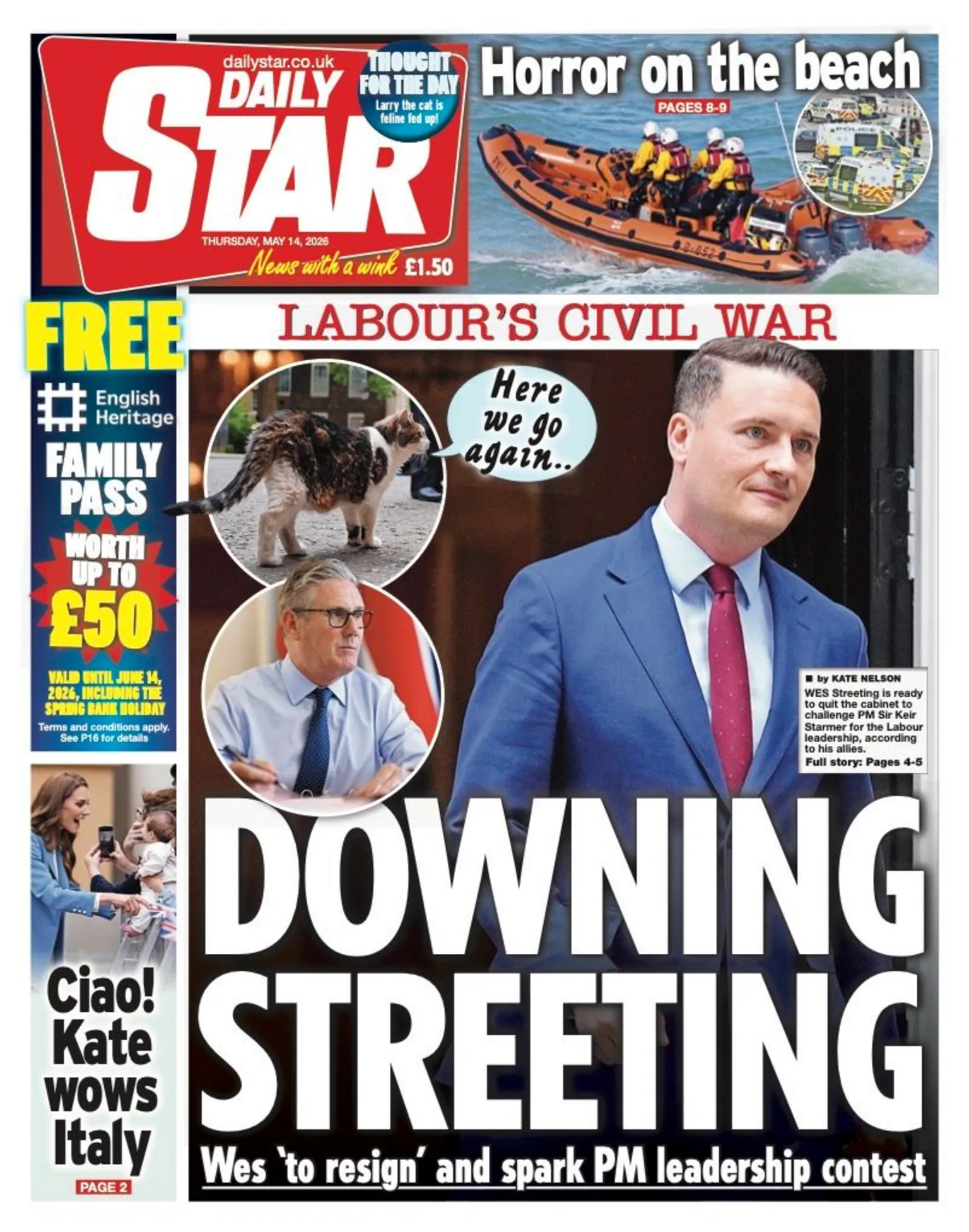 The headline on the front page of the Star reads: “Downing Streeting”.