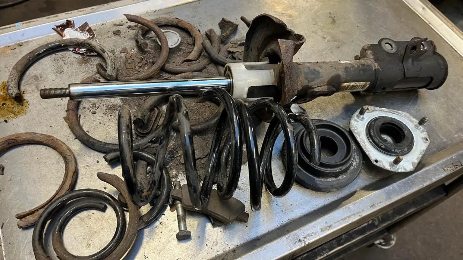 Snapped coil springs at Mick Hampshire's garage in Netherfield.