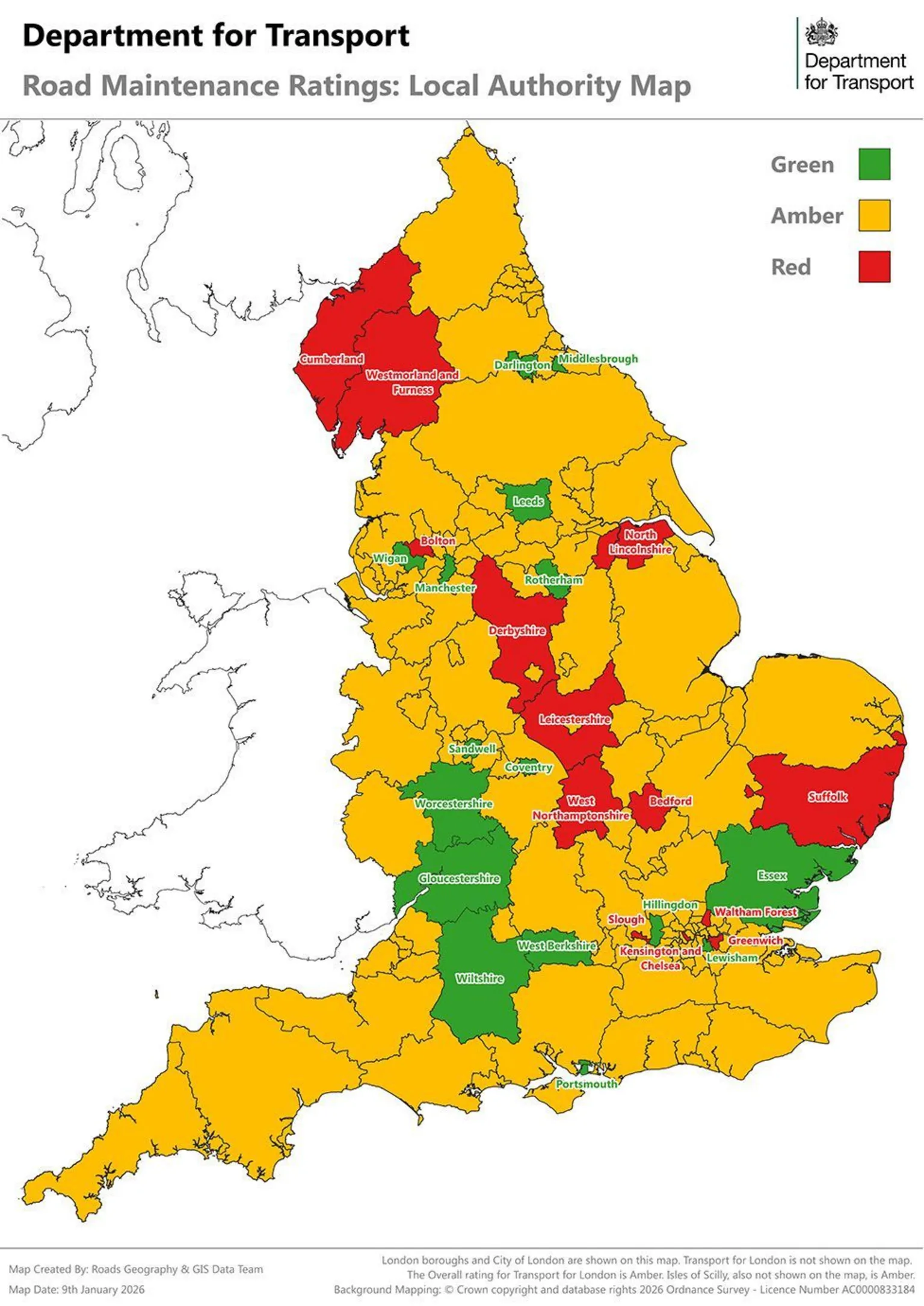 Department for Transport Map of the UK showing local authorities' green, amber, and red ratings for road maintenance.